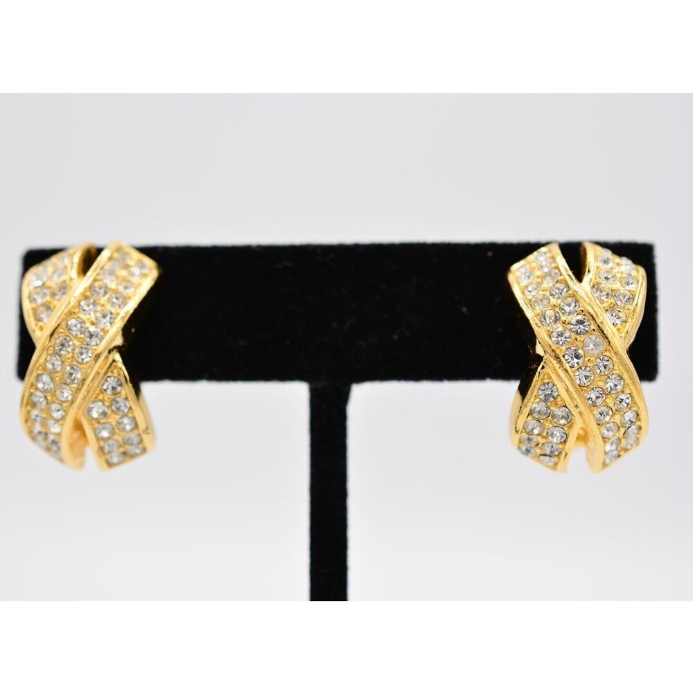 Christian Dior Vintage Clip On Earrings X Rhinestone Crystal Gold Signed BinAO - Picture 13 of 13